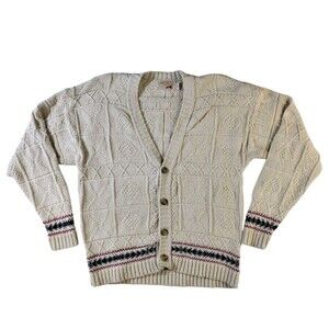 Vtg The Fox Collection Cardigan Sweater Cream Ivory Men Medium Grandpa Knit USA